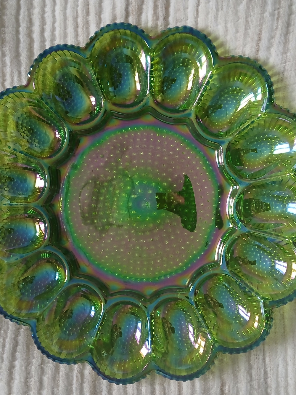 Indiana Iridescent Glass Green Carnival Hobnail Egg Plate